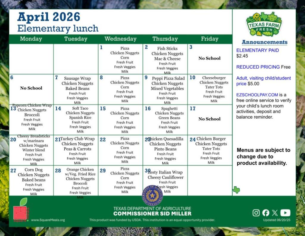 April lunch menu for kindergarten through 5th grade